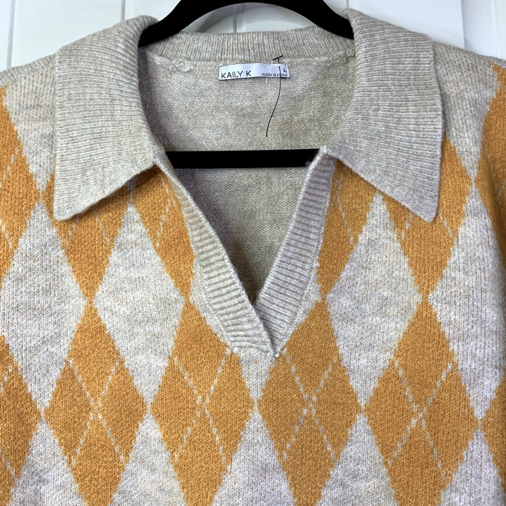 Kaily K Argyle Mustard Yellow Pullover V-neck Sweater Size Large - Picture 3 of 7